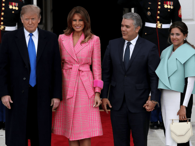 U.S. President Donald Trump and first lady Melania Trump welcome Colombian President Ivan Duque Marquez and first lady Maria Juliana Ruiz Sandoval to the White House February 13, 2019 in Washington, DC. Marquez and Trump are expected to discuss a range of bilateral issues during their meetings. (Photo by Win …