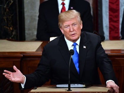 US President Donald Trump delivers the State of the Union address at the US Capitol in Washington, DC, on January 30, 2018. / AFP PHOTO / Nicholas Kamm (Photo credit should read NICHOLAS KAMM/AFP/Getty Images)