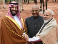 Saudi Crown Prince Mohammed bin Salman (L, with India's President Ram Nath Kovind and Prime Minister Narendra Modi) is on a high-profile tour of Asia to show Riyadh still has friends after the murder of journalist Jamal Khashoggi