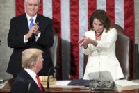 APTOPIX State of Union Donald Trump, Mike Pence, Nancy Pelosi President Donald Trump turns to House speaker Nancy Pelosi of Calif., as he delivers his State of the Union address to a joint session of Congress on Capitol Hill in Washington, as Vice President Mike Pence watches, Tuesday, Feb. 5, 2019. (AP Photo/Andrew Harnik) The Associated Press