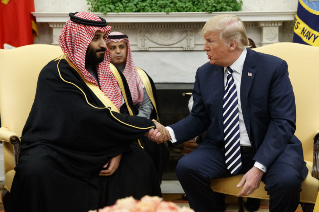 President Donald Trump shakes hands with Saudi Crown Prince Mohammed bin Salman in the Oval Office of the White House, Tuesday, March 20, 2018, in Washington. (AP Photo/Evan Vucci)
