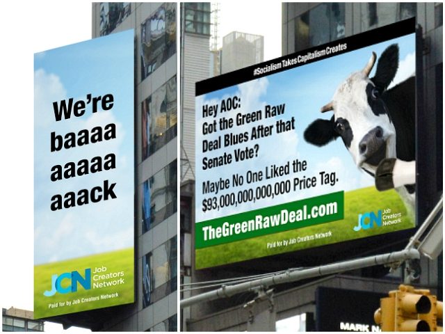 The Job Creators Network, one of the country’s largest pro-jobs grassroots organizations, scorched Democratic Rep. Alexandria Ocasio-Cortez (D-NY) with more massive New York City billboards after the Senate voted down the Green New Deal bill, 0-57.