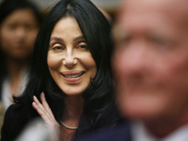WASHINGTON - JUNE 15: Pop music star Cher (L) joins retired US Navy Medical Corps Dr. Bob Meaders while he testifies before the US House Armed Services Committee Tactical Air and Land Forces Subcommittee about combat helmets on Capitol Hill June 15, 2006 in Washington, DC. Meaders’ grandson is currently …