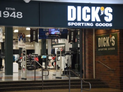 The entrance to the Dick's Sporting Goods store is seen in Glendale, California is seen February 28, 2018. Dick's, one of the nation's largest sports retailers, said February 28 that it was immediately ending sales of all assault-style rifles in its stores.