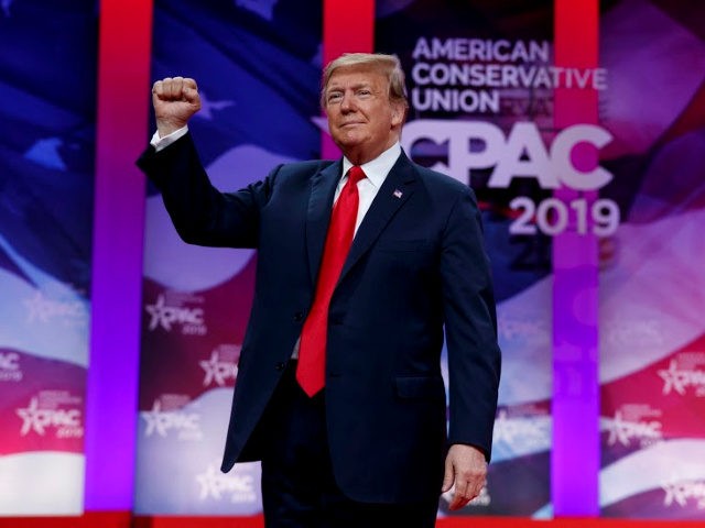 President Donald Trump gestures to the cheering audience as he arrives to speak at Conservative Political Action Conference, CPAC 2019, in Oxon Hill, Md., Saturday, March 2, 2019.