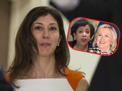 (INSET: Loretta Lynch and Hillary Clinton) Lisa Page, former legal counsel to former FBI Director Andrew Mc Cabe, arrives on Capitol Hill July 16, 2018 arrives to speak before the House Judiciary and Oversight Committee on Capitol Hill in Washington, DC. - Republicans accuse the pair, Lisa Page and FBI …