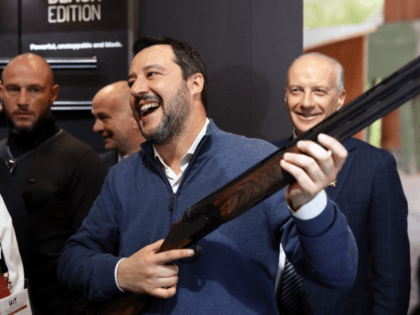 VICENZA, ITALY - FEBRUARY 9: Italian Interior Minister, Matteo Salvini is seen holding a Beretta Rifle next to Beretta's Director General Carlo Ferlito at the HIT Trade Show on February 9, 2019 in Vicenza, Italy. Italy has loosened its restrictions on gun ownership in recent months, doubling the number of …