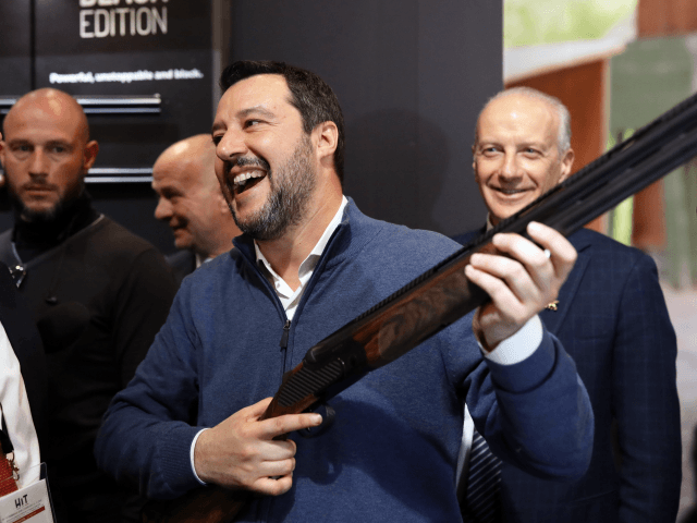 VICENZA, ITALY - FEBRUARY 9: Italian Interior Minister, Matteo Salvini is seen holding a Beretta Rifle next to Beretta's Director General Carlo Ferlito at the HIT Trade Show on February 9, 2019 in Vicenza, Italy. Italy has loosened its restrictions on gun ownership in recent months, doubling the number of …