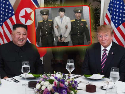 (INSET: Otto Warmbier) US President Donald Trump (R) and North Korea's leader Kim Jong Un sit for a dinner at the Sofitel Legend Metropole hotel in Hanoi on February 27, 2019. (Photo by Saul LOEB / AFP) (Photo credit should read SAUL LOEB/AFP/Getty Images)