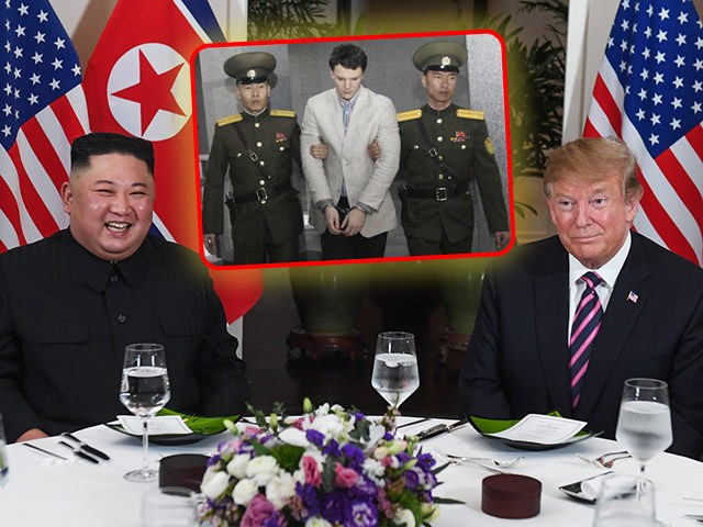 (INSET: Otto Warmbier) US President Donald Trump (R) and North Korea's leader Kim Jong Un