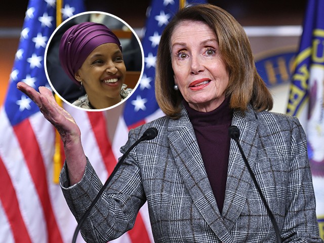 (INSET: Ilhan Omar) House Speaker Nancy Pelosi (D-CA), speaks during a weekly press conference at the US Capitol in Washington, DC on February 28, 2019. (Photo by MANDEL NGAN / AFP) (Photo credit should read MANDEL NGAN/AFP/Getty Images)