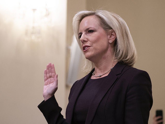 Homeland Security Secretary Kirstjen Nielsen is sworn in as she testifies before the House Homeland Security Committee on border security on Capitol Hill in Washington, DC, March 6, 2019. (Photo by Jim WATSON / AFP) (Photo credit should read JIM WATSON/AFP/Getty Images)