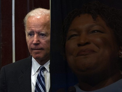 US-POLITICS-BIDEN-FIREFIGHTERS (Superimposed: Stacey Abrams) Former US Vice President Joe Biden speaks at the International Association of Fire Fighters conference in Washington, DC on March 12, 2019. (Photo by ANDREW CABALLERO-REYNOLDS / AFP) (Photo credit should read ANDREW CABALLERO-REYNOLDS/AFP/Getty Images)