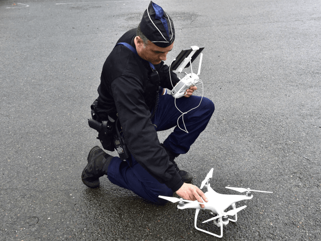 A Gendarme uses a drone during a training, as part of the visit of the French Interior Min