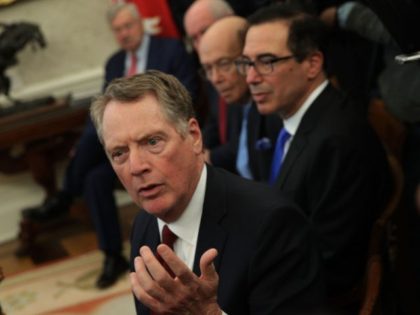 WASHINGTON, DC - FEBRUARY 22: U.S. Trade Representative Robert Lighthizer speaks as U.S. Secretary of the Treasury Steven Mnuchin and U.S. Secretary of Commerce Wilbur Ross listen during a meeting between U.S. President Donald Trump and Chinese Vice Premier Liu He in the Oval Office of the White House February 22, …