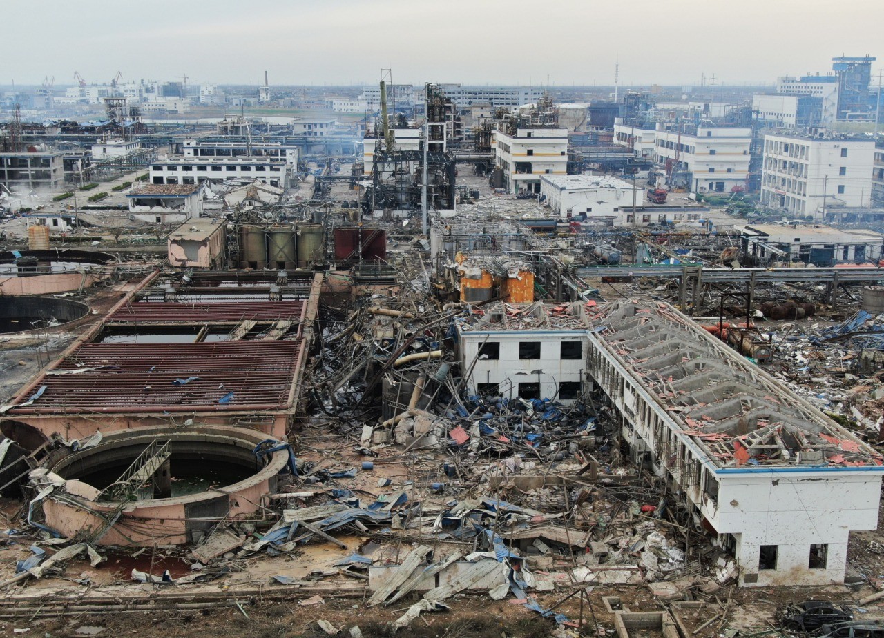 An aerial view shows damaged buildings after an explosion at a chemical plant in Yancheng in China's eastern Jiangsu province early on March 22, 2019. - Chinese President Xi Jinping ordered local governments on March 22 to prevent any more industrial disasters after a chemical plant blast left 47 people dead, injured hundreds and flattened an industrial park in the latest such catastrophe to hit the country. (Photo by STR / AFP) / China OUT (Photo credit should read STR/AFP/Getty Images)