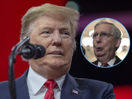 (INSET: Mitch McConnell) NATIONAL HARBOR, MD - MARCH 02: (AFP OUT) U.S. President Donald Trump speaks during CPAC 2019 on March 02, 2019 in National Harbor, Maryland. The American Conservative Union hosts the annual Conservative Political Action Conference to discuss conservative agenda. (Photo by Tasos Katopodis/Getty Images)