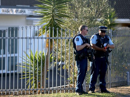 AUCKLAND, NEW ZEALAND - MARCH 15: Armed police maintain a presence outside the Masijd Ayesha Mosque in Manurewa on March 15, 2019 in Auckland, New Zealand. Four people are in custody following shootings at two mosques in Christchurch this afternoon, and the number of fatalities has yet to be confirmed. …