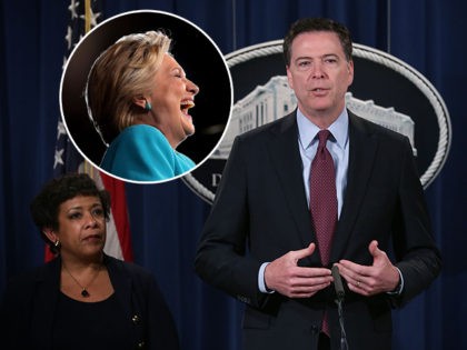 (INSET: Hillary Clinton) WASHINGTON, DC - MARCH 24: FBI Director James Comey (2nd L) speaks as U.S. Attorney General Loretta Lynch (L), and U.S. Attorney Preet Bharara (R) of the Southern District of New York listen during a news conference for announcing a law enforcement action March 24, 2016 in …