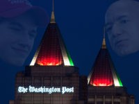 (INSET: Covington Catholic High School student Nick Sandmann) The twin spires of the new Washington Post, owned by Jeff Bezos, founder and CEO of Amazon.com, are seen illuminated with the Christmas colors of red and green on December 20, 2016 in Washington, DC. / AFP / PAUL J. RICHARDS (Photo …