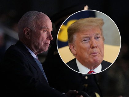 (INSET: Donald Trump) ARLINGTON, VA - NOVEMBER 14: U.S. Army Chief of Staff Gen. Mark A. Milley (R) and Sen. John McCain (R-AZ) (L) watch a special Twilight Tattoo performance November 14, 2017 at Fort Myer in Arlington, Virginia. Sen. McCain was honored with the Outstanding Civilian Service Medal for …