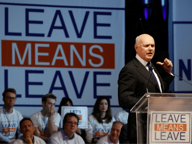 Conservative Party MP Iain Duncan Smith speaks at a political rally entitled 'Lets Go WTO'