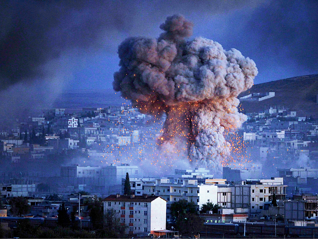 SANLIURFA, TURKEY - OCTOBER 20: (TURKEY OUT) An explosion rocks Syrian city of Kobani duri