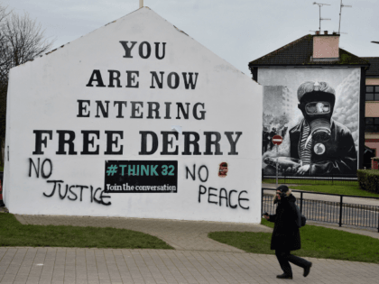 LONDONDERRY, NORTHERN IRELAND - MARCH 14: Fresh graffiti reading 'No Justice, No Peace' is seen on Free Derry Corner in reaction to today's Bloody Sunday prosecution announcement on March 14, 2019 in Londonderry, Northern Ireland. Today, the Public Prosecution Service announced that one out of the seventeen soldiers accused of …