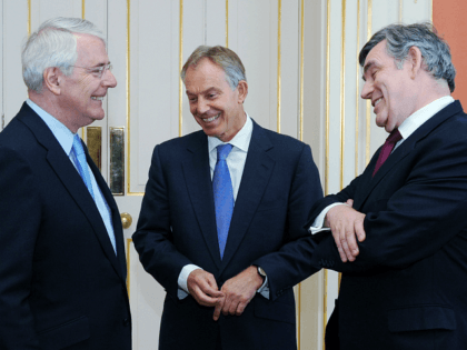 LONDON, ENGLAND - JULY 24: (L-R) Former Prime Ministers Sir John Major, Tony Blair and Gordon Brown chat before posing for a photograph with the Queen and Prime Minister David Cameron, ahead of a Diamond Jubilee lunch at 10 Downing Street on July 24, 2012 in London, England. British Prime …