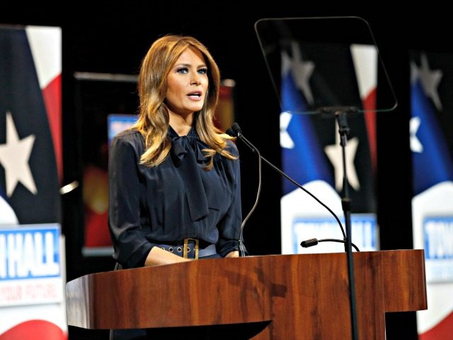 First lady Melania Trump speaks before participating in a town hall on the opioid epidemic