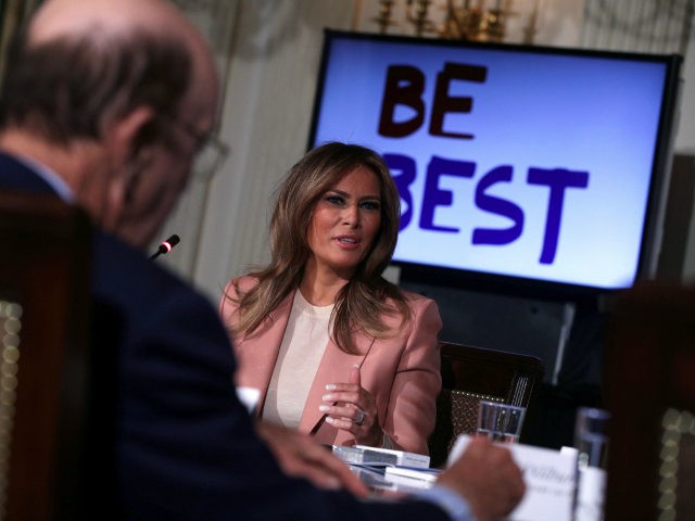 U.S. first lady Melania Trump speaks to representatives of an Interagency Working Group on Youth Programs during a State Dining Room event at the White House March 18, 2019 in Washington, DC. The first lady convened a meeting of the group to discuss youth programs that align with her Be …