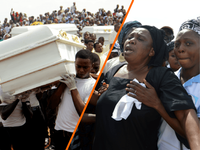 (L)Coffins are carried during a funeral service for 17 worshippers and two priests, who were allegedly killed by Fulani herdsmen, at Ayati-Ikpayongo in Gwer East district of Benue State, north-central Nigeria on May 22, 2018. - Two Nigerian priests and 17 worshippers have been buried, nearly a month after an …