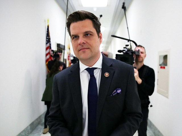 WASHINGTON, DC - FEBRUARY 27: U.S. Rep. Matt Gaetz (R-FL) speaks to members of the media outside the hearing Michael Cohen, former attorney and fixer for President Donald Trump, testifies at before the House Committee on Oversight and Reform at Rayburn House Office Building February 27, 2019 on Capitol Hill …