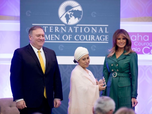 Razia Sultana of Bangladesh poses with Secretary of State Mike Pompeo and first lady Melan