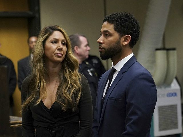 Actor Jussie Smollet appears with his attorney Tina Glandian, left, at a hearing for a jud