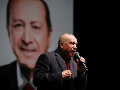 Turkey's President Recep Tayyip Erdogan addresses the supporters of his ruling Justice and Development Party, AKP, at a rally in Istanbul, late Tuesday, March 19, 2019, ahead of local elections scheduled for March 31, 2019. (AP Photo/Emrah Gurel)