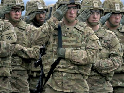 US army soldiers stand in formation during a joint military tactical training exercise Blowback 2016 with Bulgaria's army at Novo Selo military ground on April 11, 2016. (Photo by Nikolay Doychinov/AFP/Getty Images)