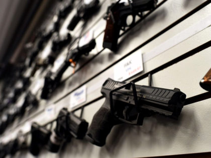 Handguns are displayed at the Ultimate Defense Firing Range and Training Center in St Peters, Missouri, some 20 miles (32 kilometers) west of Ferguson, on November 26, 2014.
