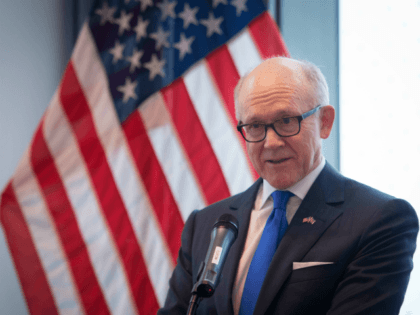LONDON, ENGLAND -DECEMBER 13: US Ambassador to the UK Robert Wood Johnson speaks at the unveiling of the new US Embassy building in Nine Elms in Wandsworth on December 13, 2017 in London, England. The new US embassy designed by Kieran Timberlake architects is moving from Grosvenor Square to its …