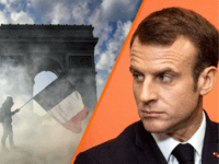 (L) TOPSHOT - A protester holds a French national flag as he walks among tear gas smoke past the Arc de Triomphe on the Place de l'Etoile in Paris on March 16, 2019, during clashes between Yellow Vest protesters and riot police forces, on the 18th consecutive Saturday of demonstrations …