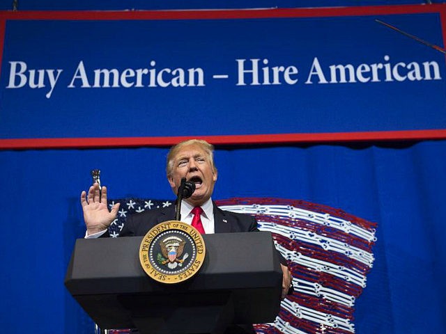 US President Donald Trump speaks after touring Snap-On Tools in Kenosha, Wisconsin, April 18, 2017, prior to signing the Buy American, Hire American Executive Order. / AFP PHOTO / SAUL LOEB (Photo credit should read SAUL LOEB/AFP/Getty Images)