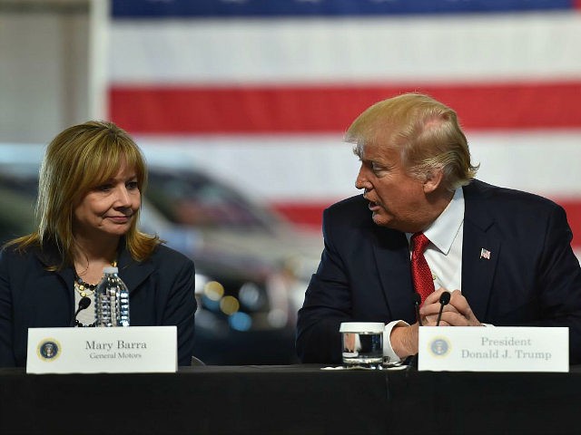 US President Donald Trump delivers remarks at American Center for Mobility in Ypsilanti, Michigan with General Motors CEO Mary Barra and other auto industry executives on March 15, 2017. / AFP PHOTO / Nicholas Kamm (Photo credit should read NICHOLAS KAMM/AFP/Getty Images)