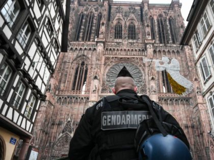 A French gendarme patrols in front of the Strasbourg cathedral while searches are conducte