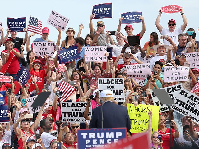 TOPSHOT - Republican presidential nominee Donald Trump is cheered on by supporters during