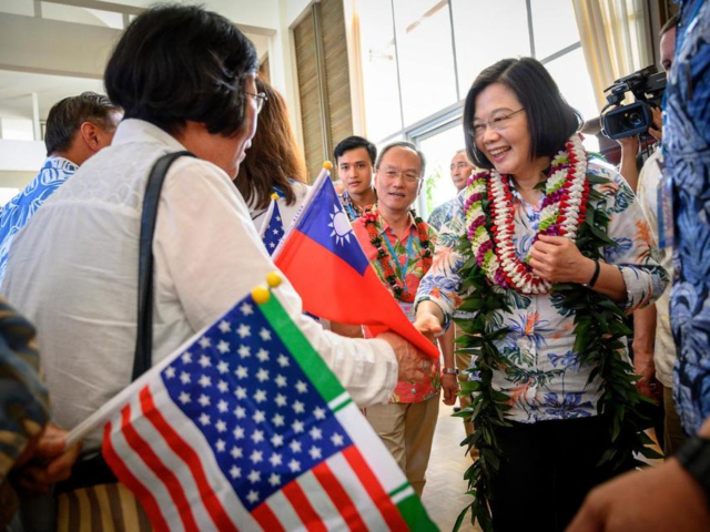 In this Wednesday, March 27, 2019, photo released by the Taiwan Presidential Office, Taiwanese President Tsai Ing-wen, right, is greeted by supporters upon arriving in Hawaii. Speaking during the visit to Hawaii on Wednesday, Tsai said requests have been submitted to the U.S. for F-16V fighters and M1 Abrams tanks. …