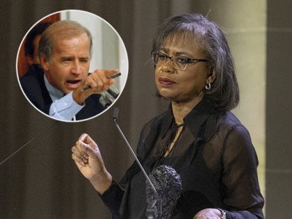 (INSET: Joe Biden at the Clarence Thomas confirmation hearings) Anita Hill appears onstage at the 10th annual DVF Awards at the Brooklyn Museum on Thursday, April 11, 2019, in New York. (Photo by Andy Kropa/Invision/AP)
