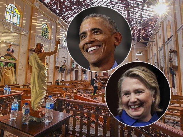 (INSETS: Barack Obama and Hillary Clinton) In this Sunday, April 21, 2019, a view of St. Sebastian's Church damaged in blast in Negombo, north of Colombo, Sri Lanka. Sri Lankan authorities blame seven suicide bombers of a domestic militant group for coordinated Easter bombings that ripped through Sri Lankan churches …