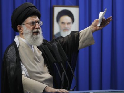 Iran's supreme leader Ayatollah Ali Khamenei delivers the weekly Friday prayer sermonn at