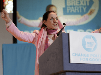 NOTTINGHAM, ENGLAND - APRIL 20: Annunziata Rees-Mogg, sister of Jacob Rees Mogg, a freelance journalist and candidate for the Brexit Party in the European Parliament elections, speaks at the Brexit Party rally at the Albert Hall conference centre on April 20, 2019 in Nottingham, England. Farage, the former leader of …