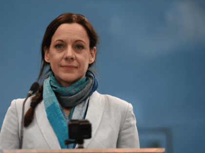 British journalist Annunziata Rees-Mogg speaks at the launch of The Brexit Party's European Parliament election campaign in Coventry, central England on April 12, 2019. - UK nationalist Nigel Farage launched his Brexit Party's campaign for the European Parliament elections -- a vote Britain was never meant to take part in …